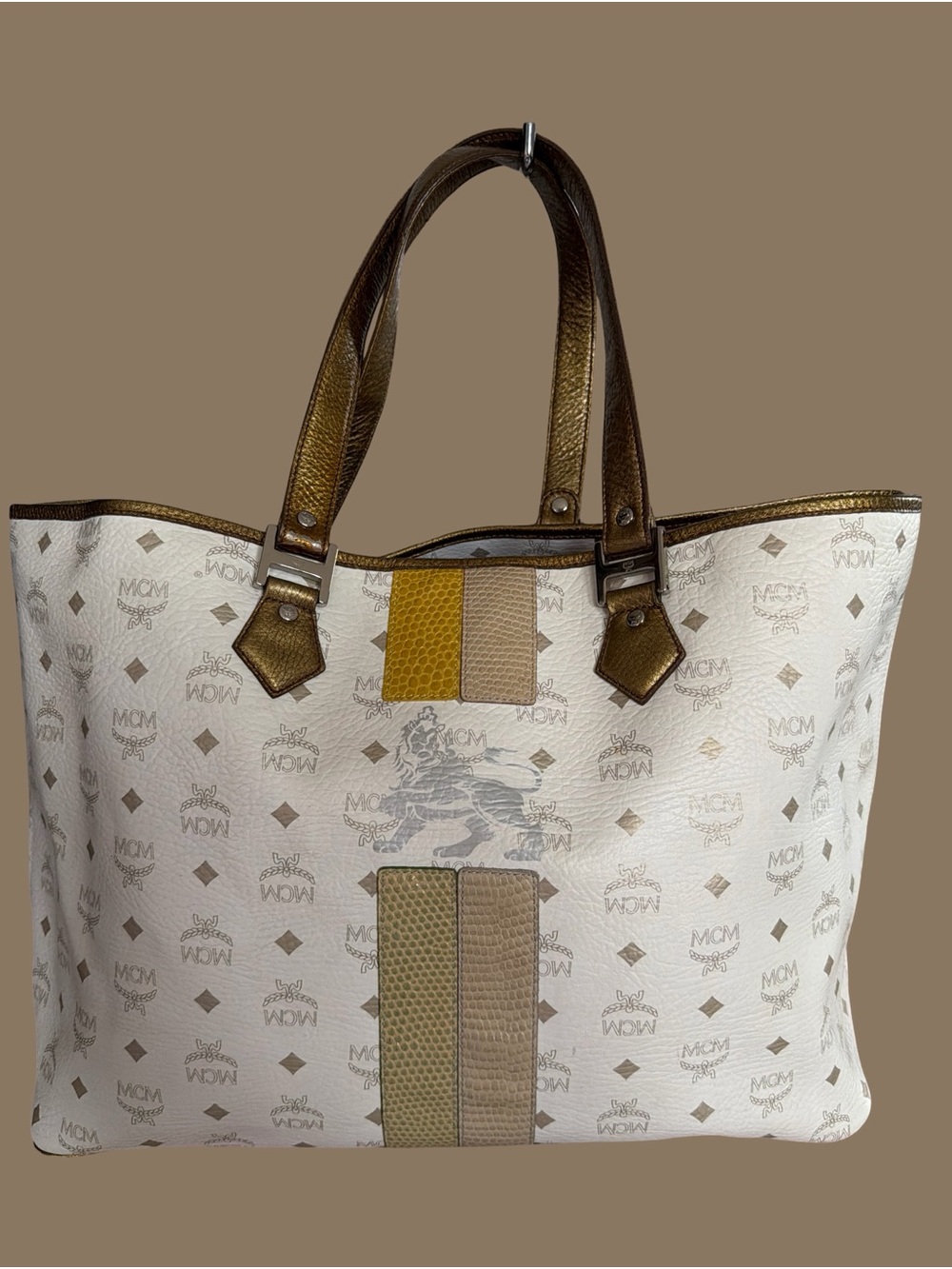 Authentic MCM White Logo Canvas Tote with Olive & Tan Stripe Accents Travel Bag
